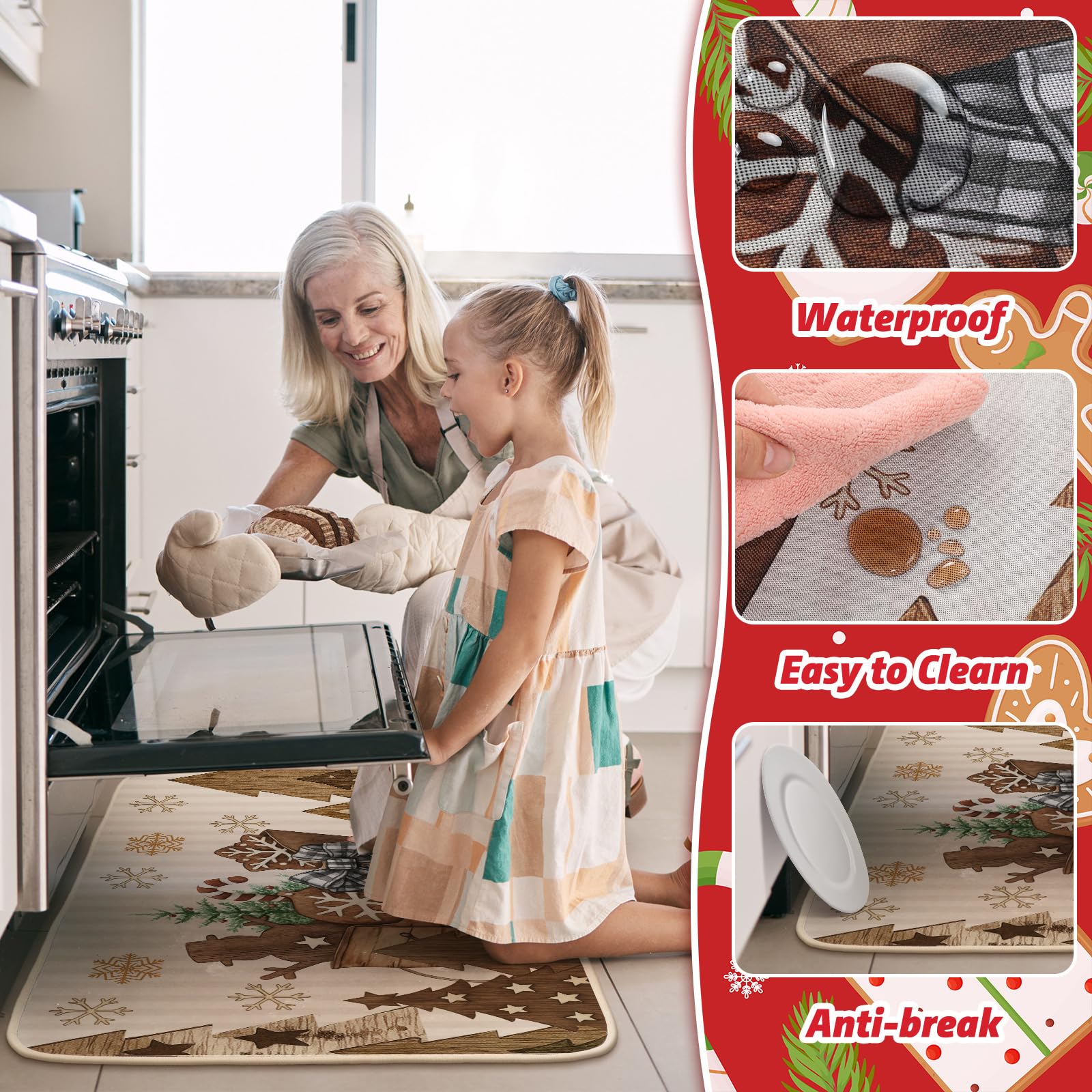 Tinideya Christmas kitchen mat short holiday stripes design fits farmhouse-style decor