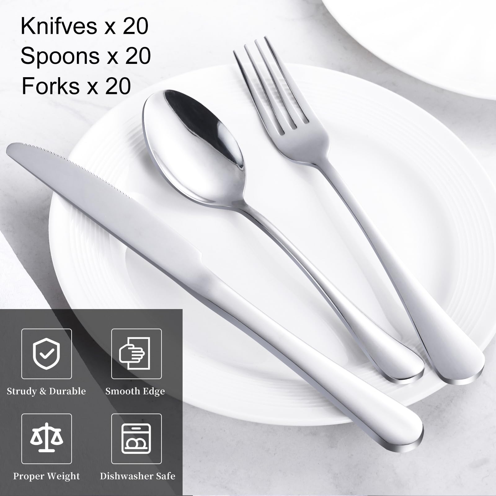 Tinina 60-piece silverware set for 20 with forks, great for sharing meals at home.