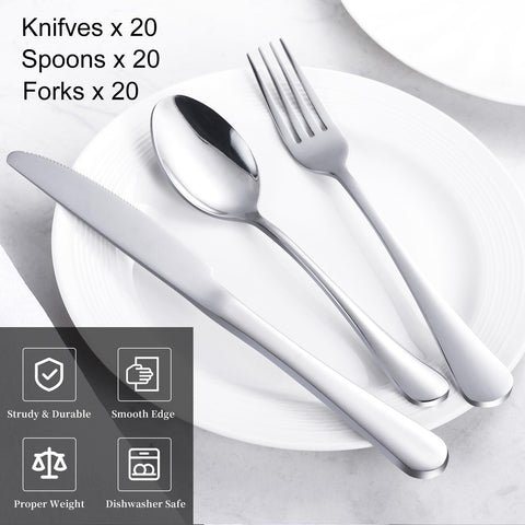 Tinina 60-piece silverware set for 20 with forks, great for sharing meals at home.