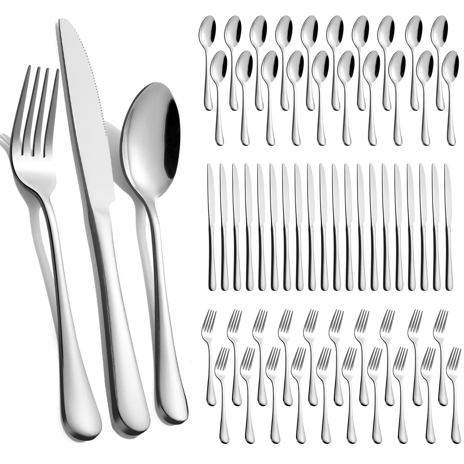Tinina 60-piece silverware set for 20 with knives, ideal for family dinners and entertaining.