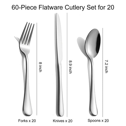 Tinina 60-piece silverware set for 20 with spoons, versatile for daily dining.
