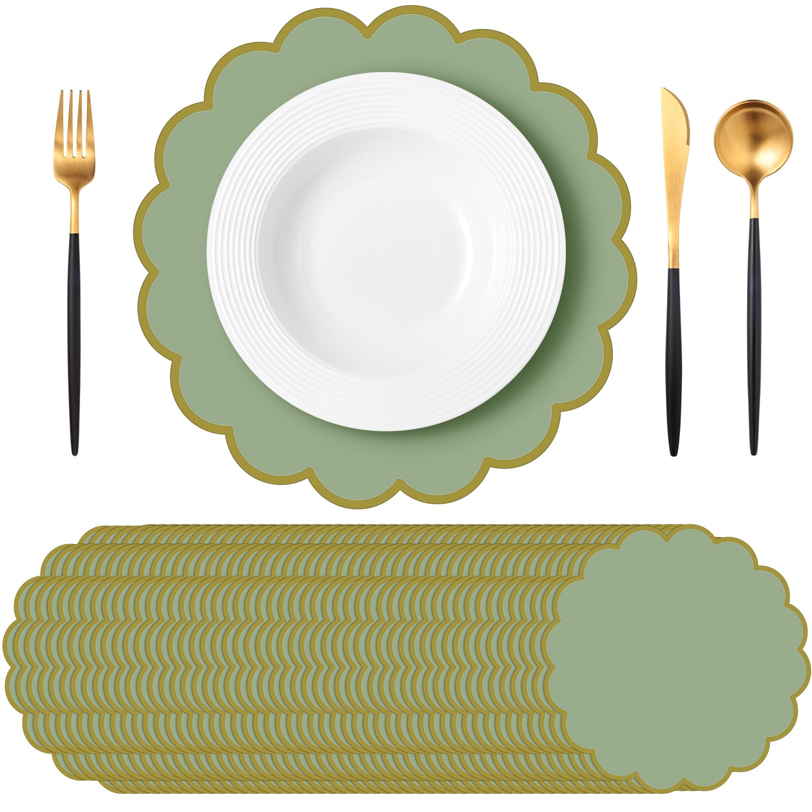 Tinlade sage green placemats with a gold border for an elegant table setting