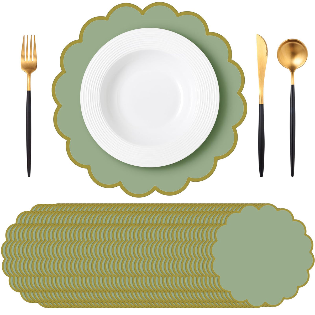 Tinlade sage green placemats with a gold border for an elegant table setting