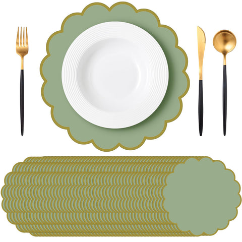 Tinlade sage green placemats with a gold border for an elegant table setting