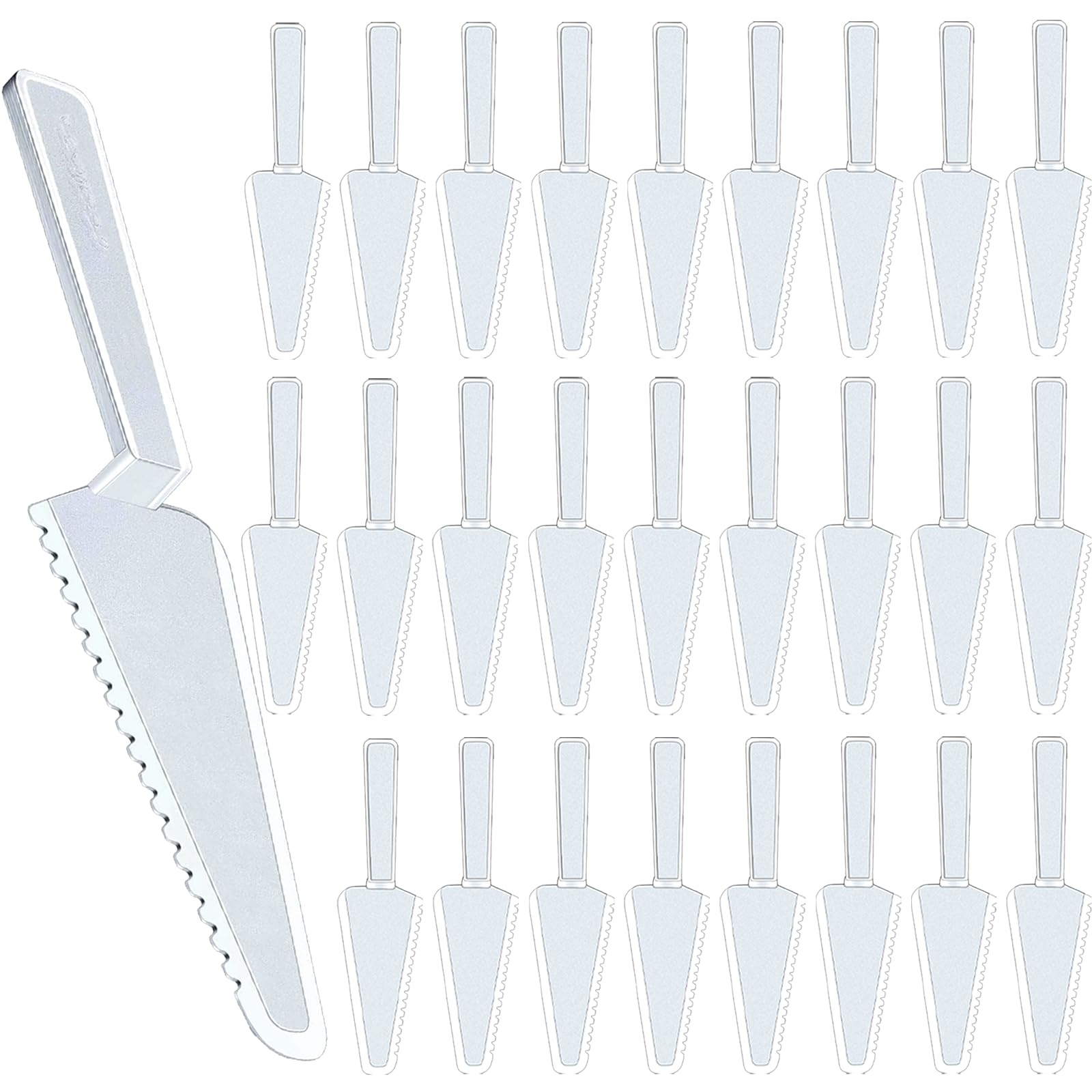 TINSKY 50pcs disposable cake cutters with 9.1 inch blade for quick serving.