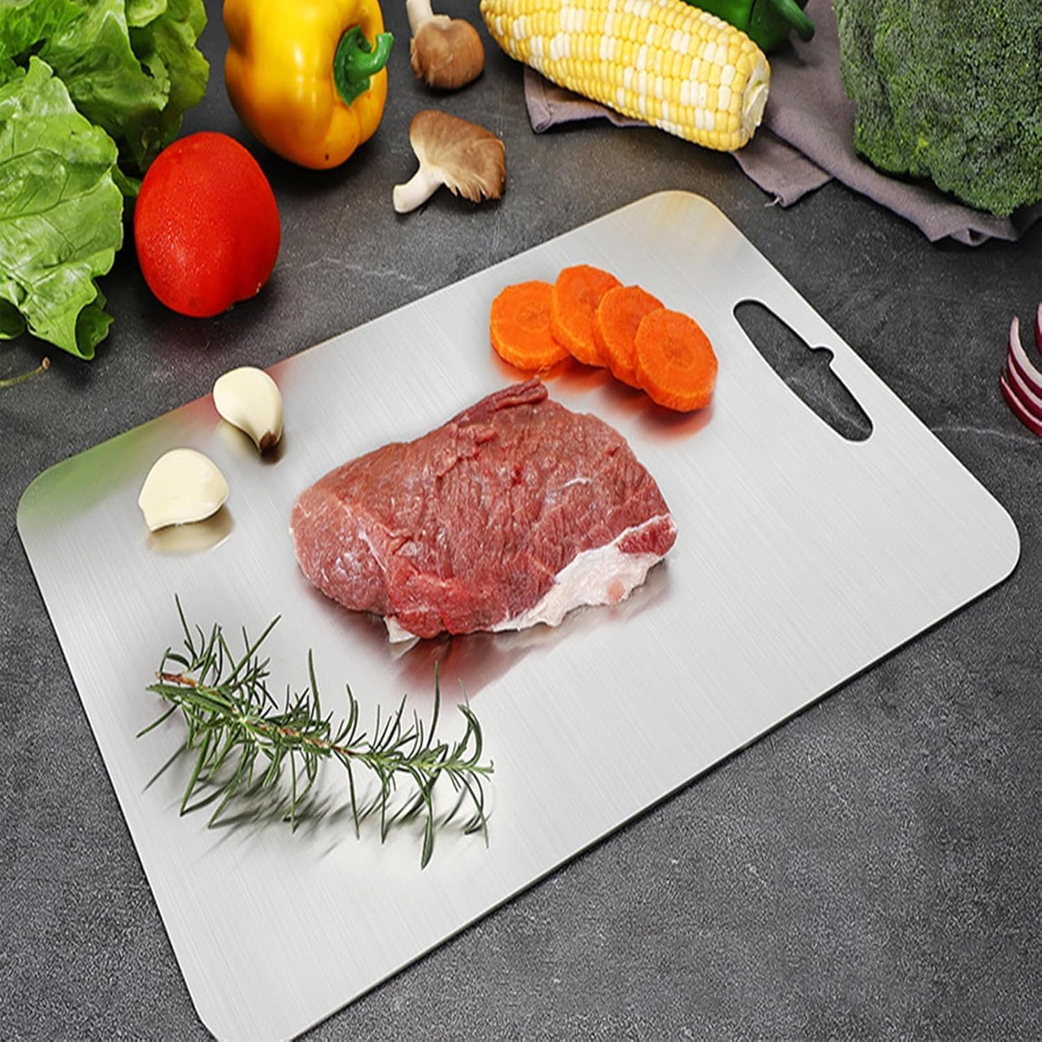 Tiomion titanium cutting board, 12x9 back for meat, resists juices and staining.