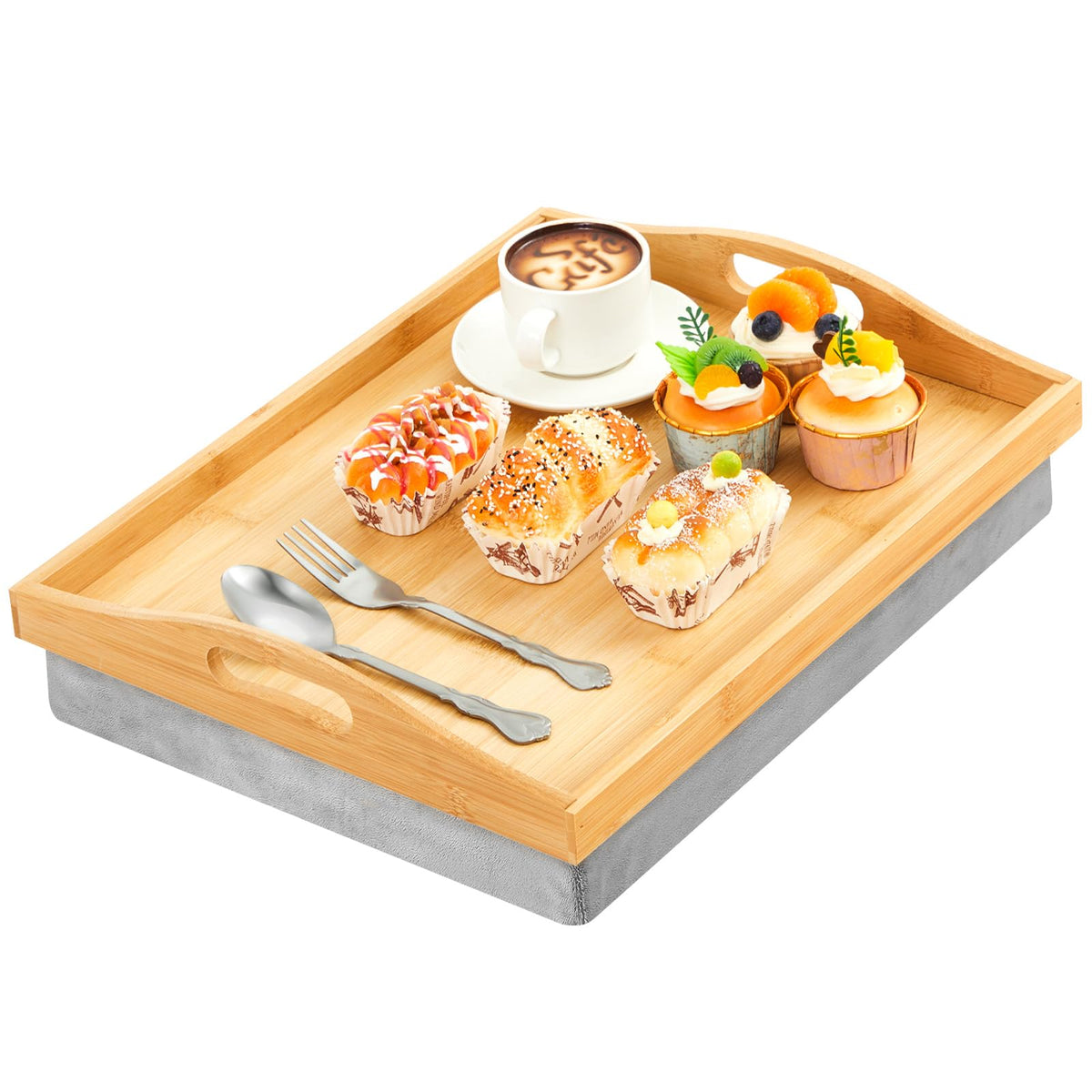 Tioncy bamboo lap tray with detachable pillow, large surface for meals or laptop usage.