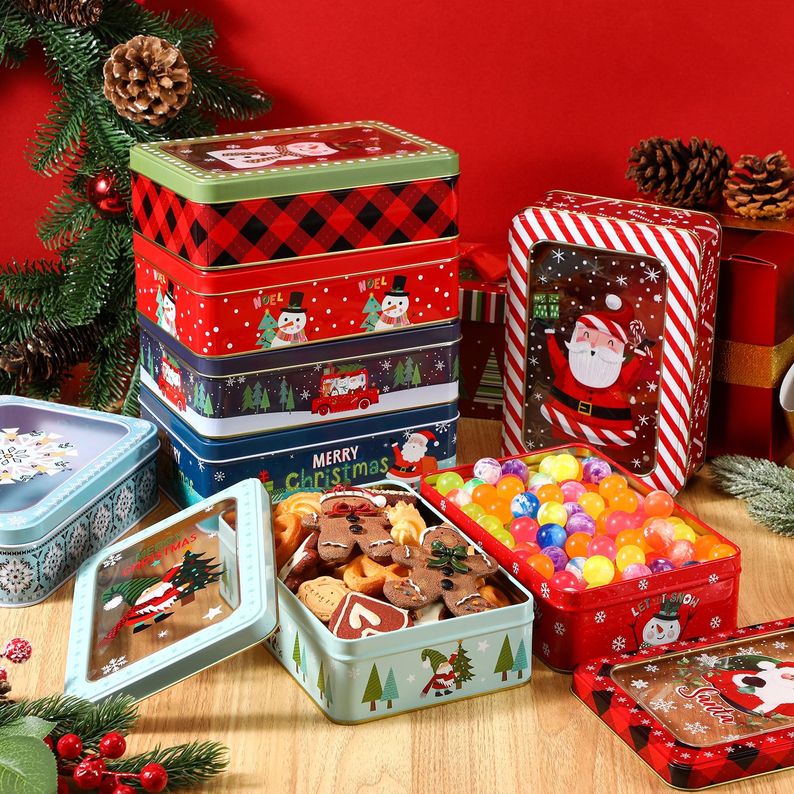 Tioncy Christmas cookie tin with snowflake design displaying cookies