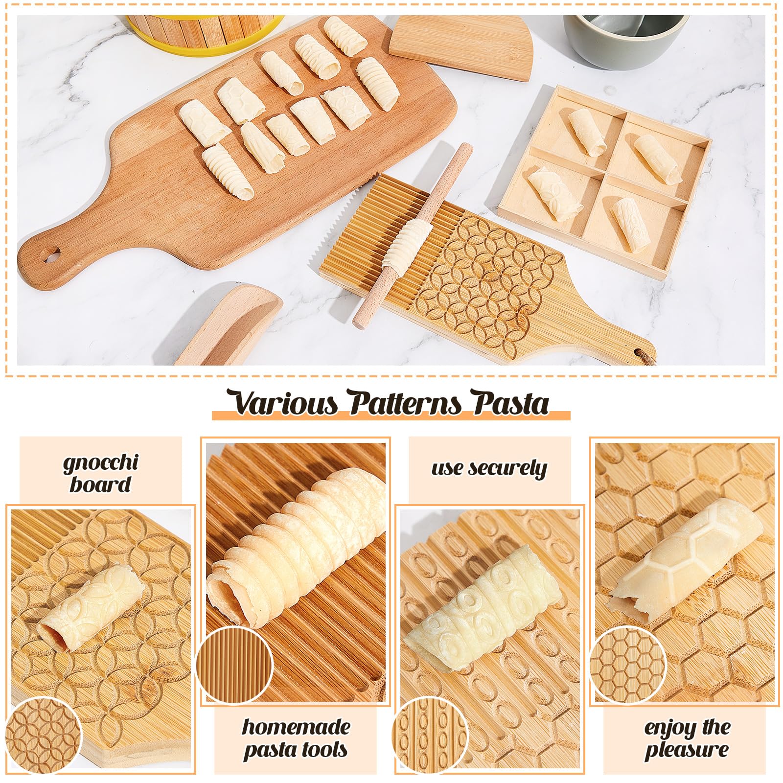 Tioncy gnocchi board with four engraved patterns for varied pasta textures.