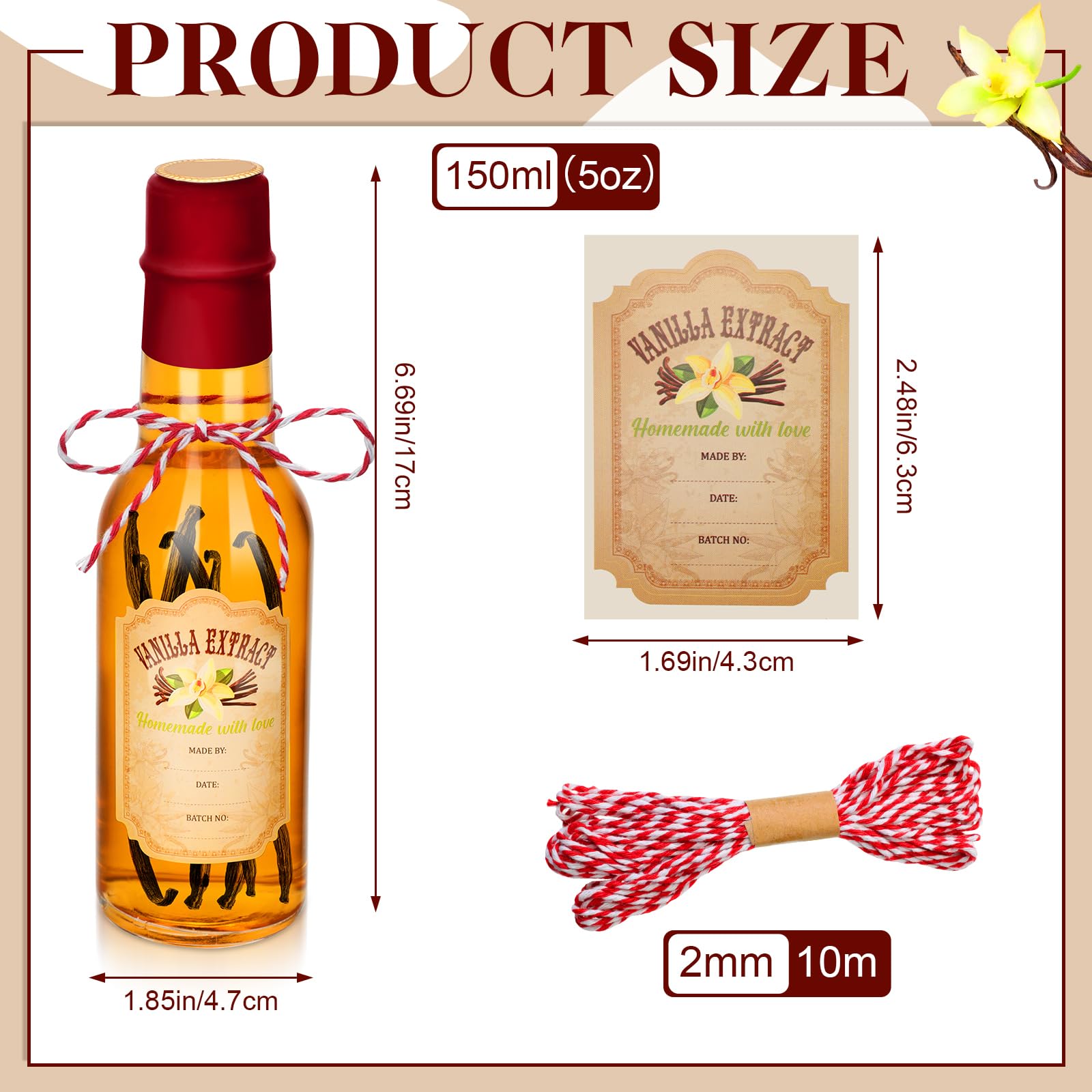 Tioncy vanilla bottle cap and shrink band provide secure sealing and presentation.