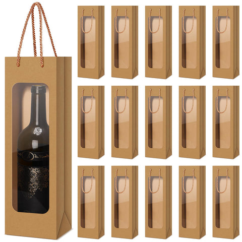 Tioncy brown wine bag with clear window showing the bottle for easy gifting