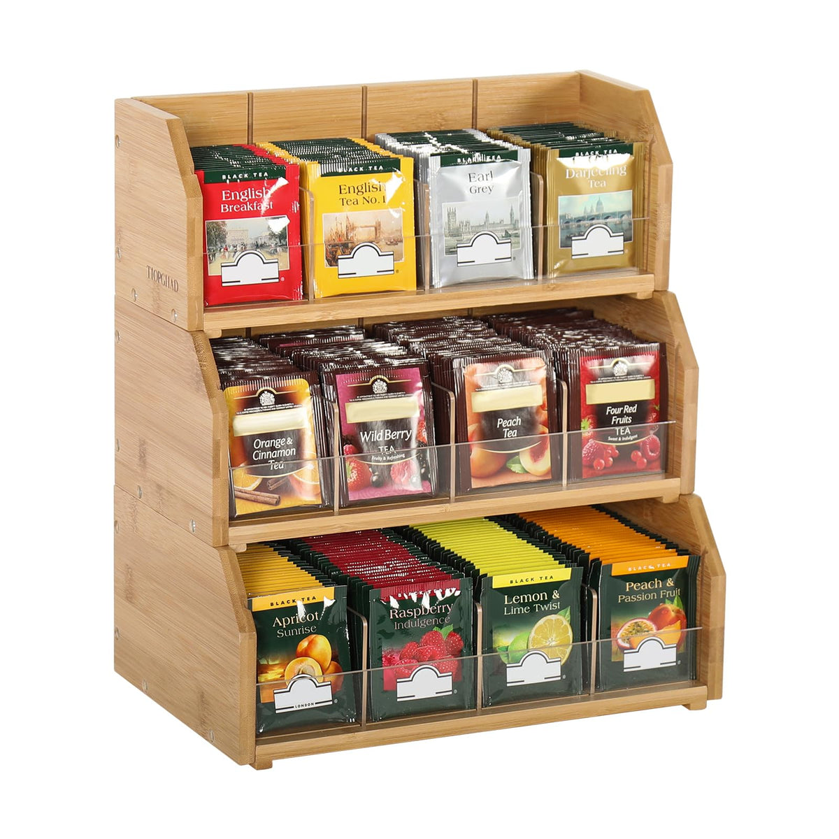 TIOPGHAD 3-layer stackable tea bag organizer on countertop for easy access