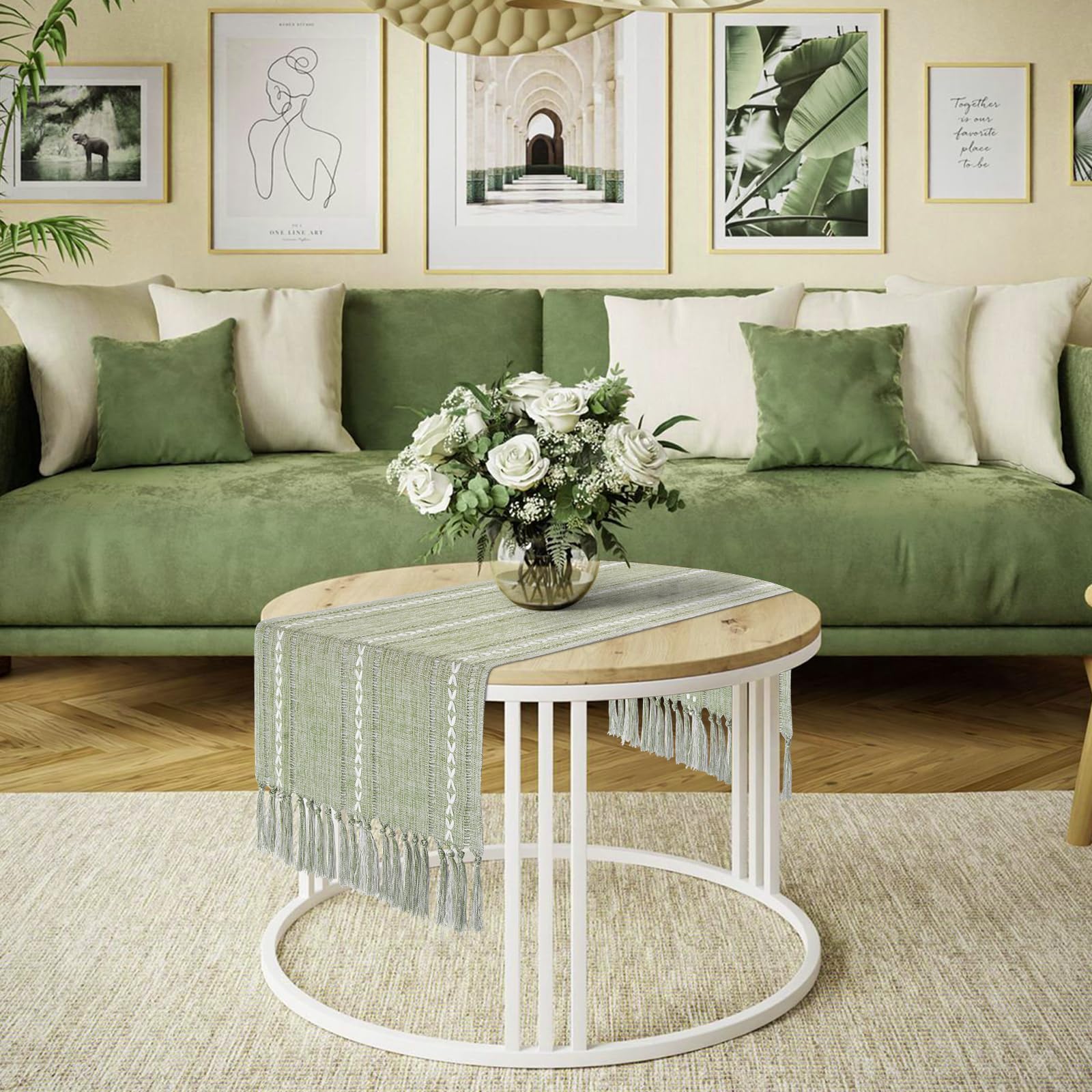 Tiosggd green cotton linen tablecloth suitable for coffee tables and sideboards