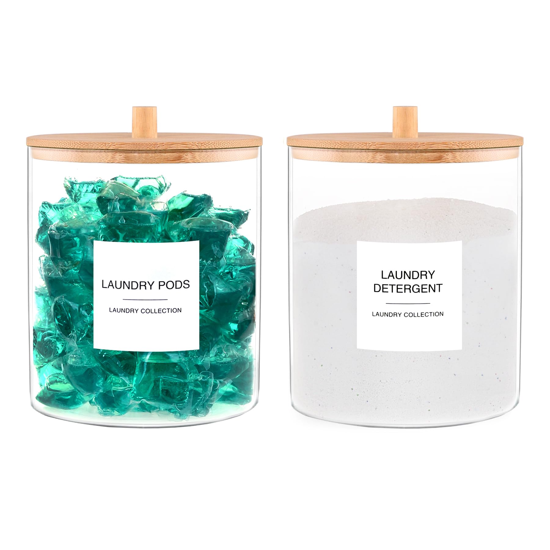 TIPGO glass jars with bamboo lids brighten the laundry space for a neat display.
