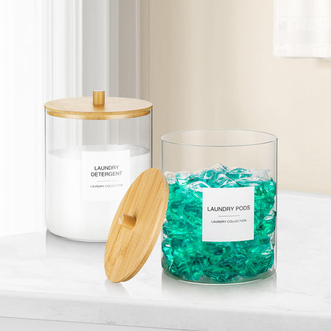 TIPGO minimalist clear jars add neatness to a laundry room shelf.