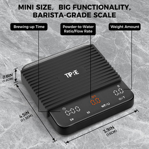 Tipre Mini Espresso Scale flow-rate display enables real-time pour monitoring.