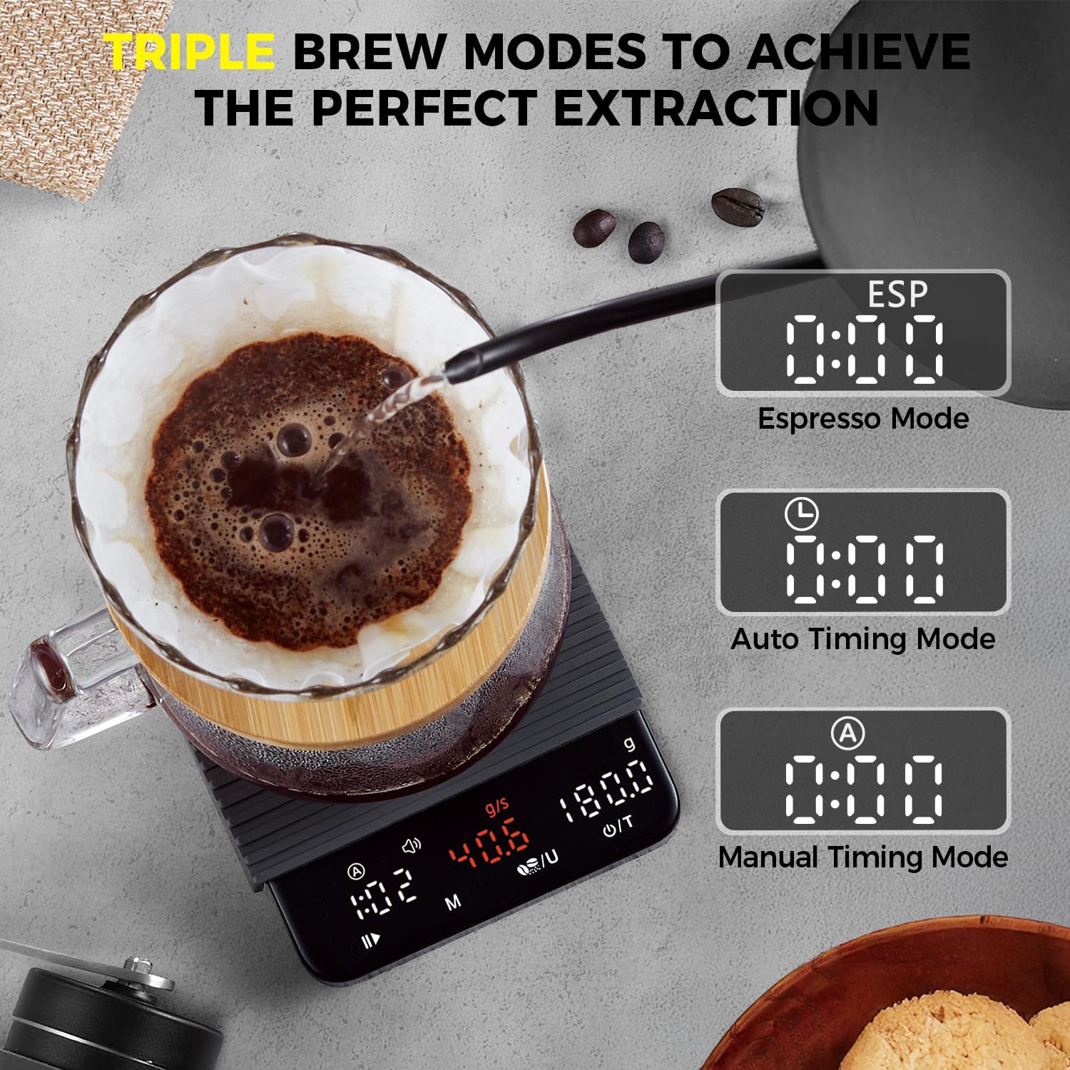 Tipre Mini Espresso Scale tucked under a machine saves counter space.