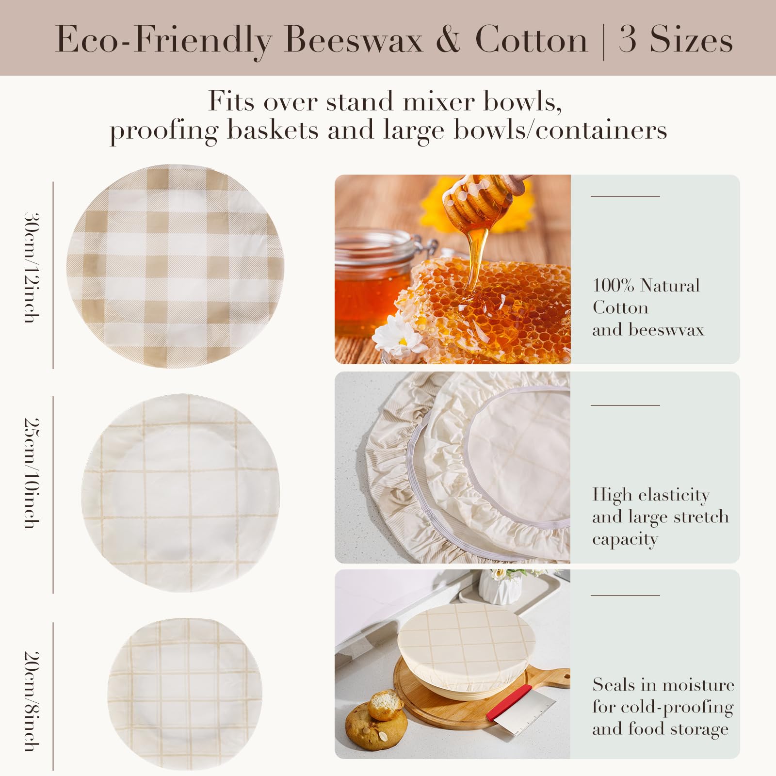 Tirphy beeswax bowl cover fits a 10-inch bowl for flexible, reusable kitchen coverage