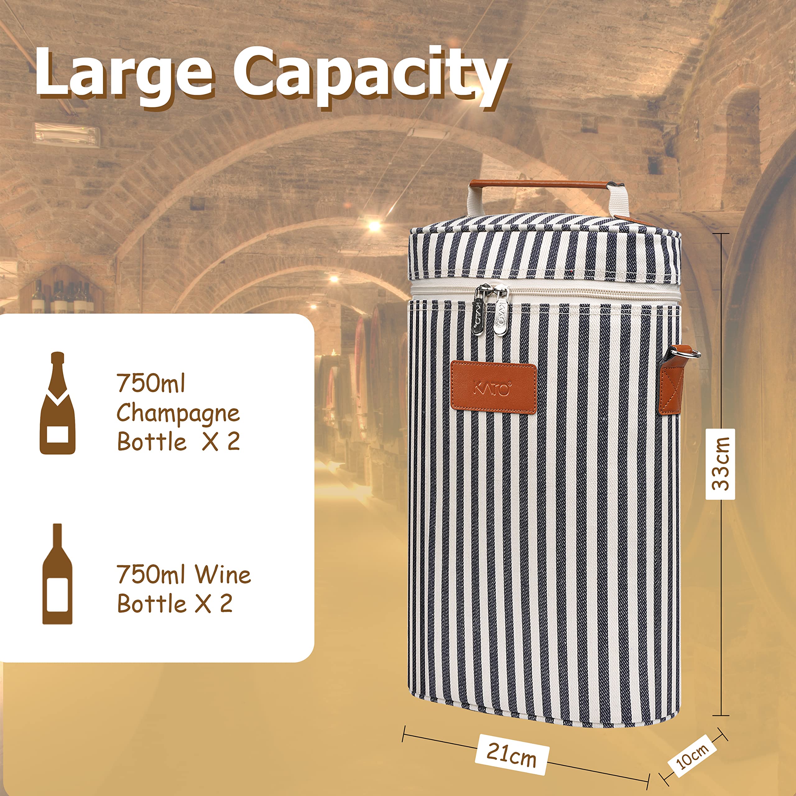 Tirrinia blue and white striped strap adds a chic look to a practical wine carrier.