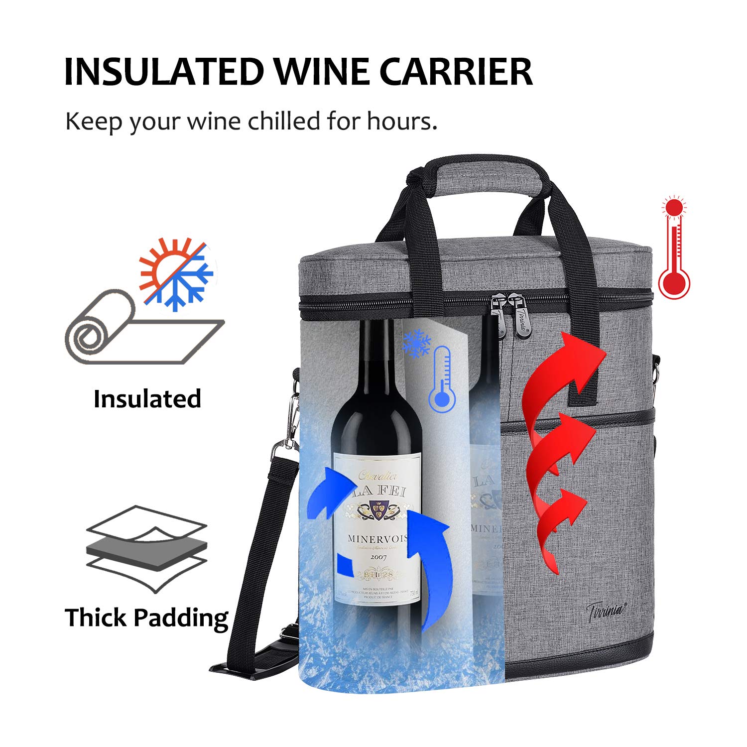 Tirrinia grey interior divider keeping three bottles secure during transport