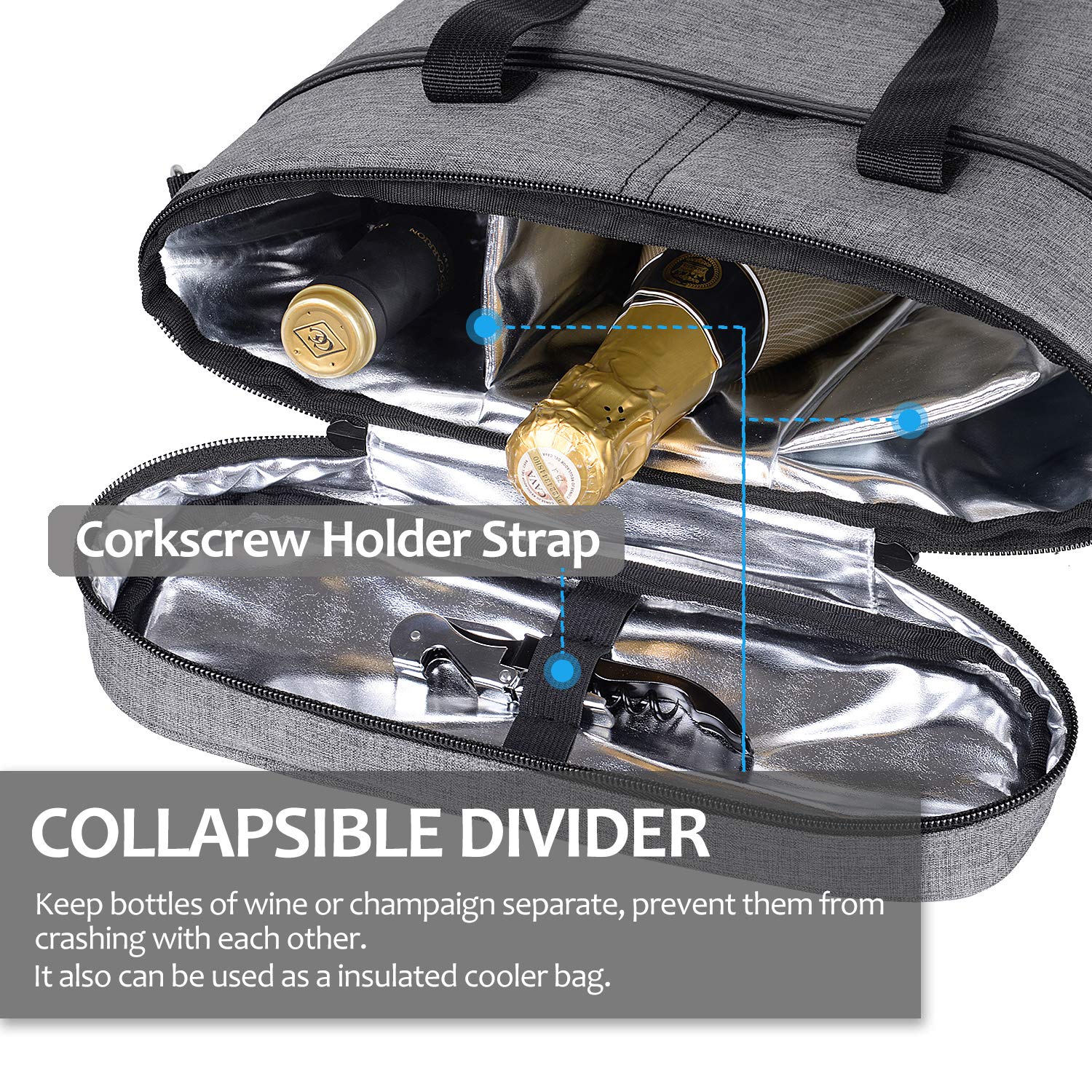 Tirrinia insulated wine carrier grey side view with adjustable strap for comfortable carrying