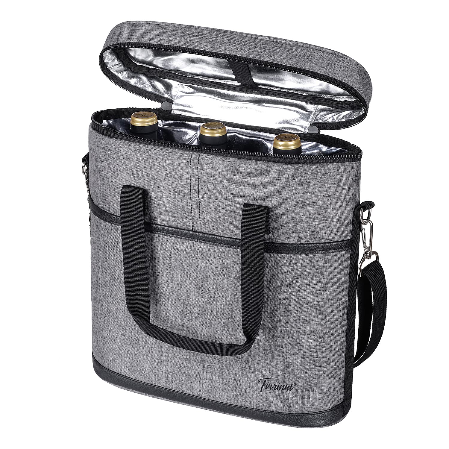 Tirrinia insulated wine carrier grey top view for easy transport