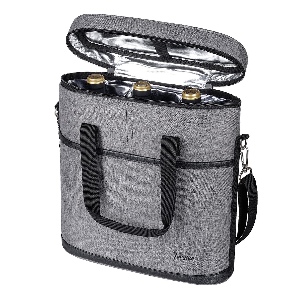 Tirrinia insulated wine carrier grey top view for easy transport
