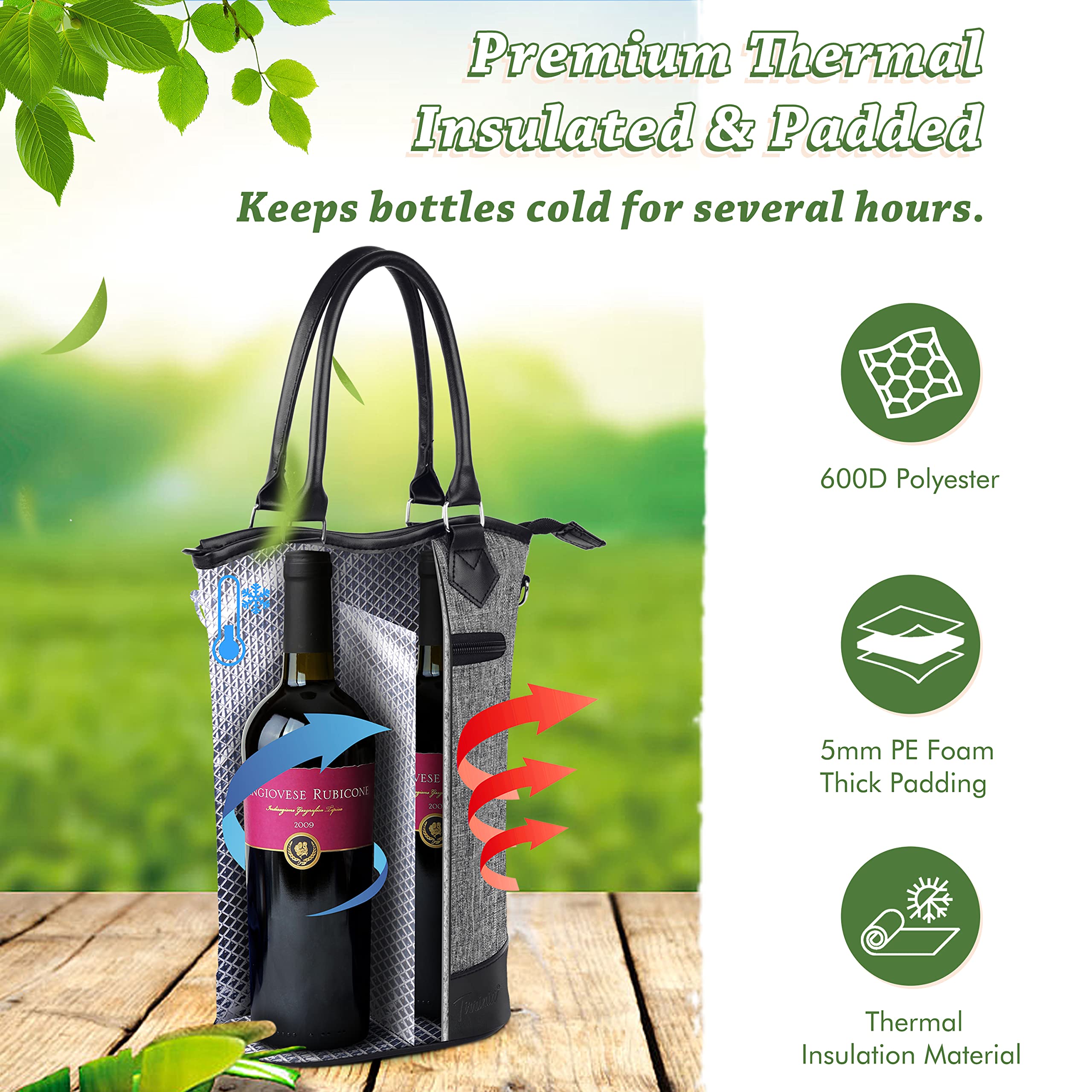 Tirrinia tote dimensions 8.2 x 4.6 x 13 inches for two bottles
