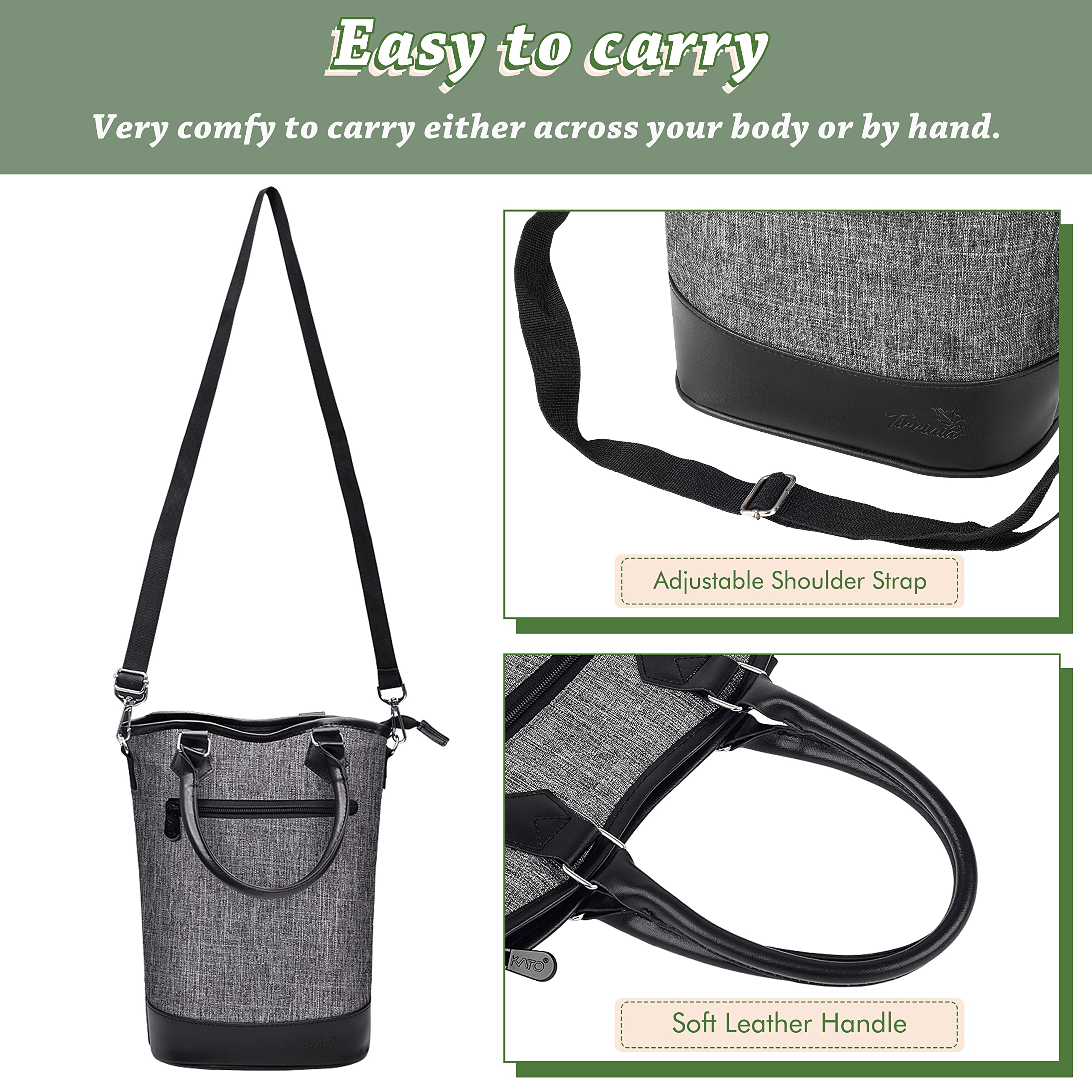 Tirrinia tote with adjustable strap and leather-wrapped handles for comfortable carry