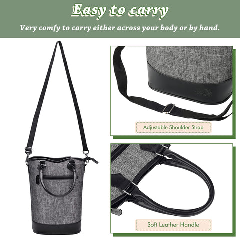 Tirrinia tote with adjustable strap and leather-wrapped handles for comfortable carry