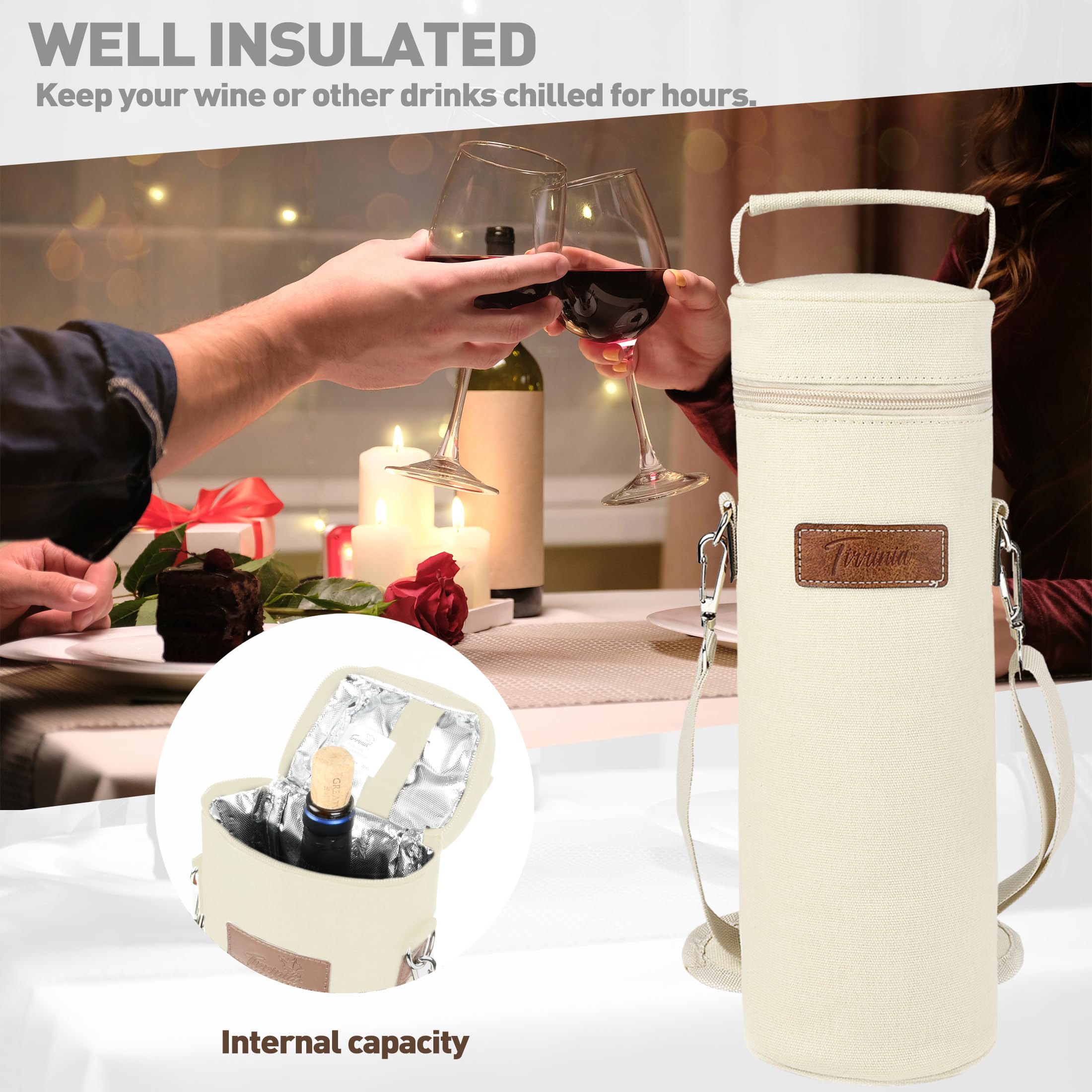 Tirrinia leak-proof lining ensures mess-free transport of wine and beverages.