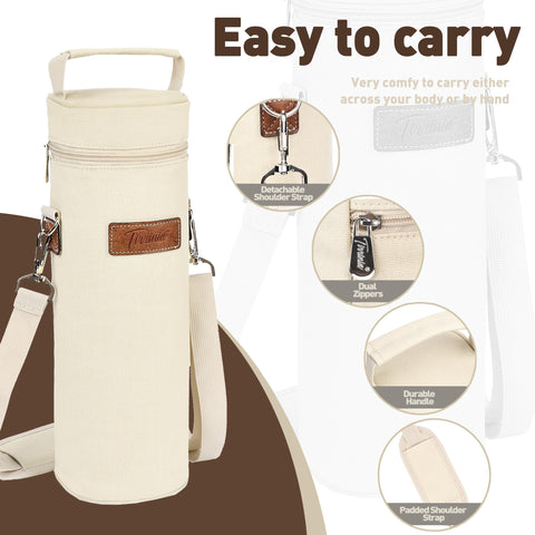 Tirrinia beige wine tote with shoulder strap ideal for BYOB dinners and picnics.