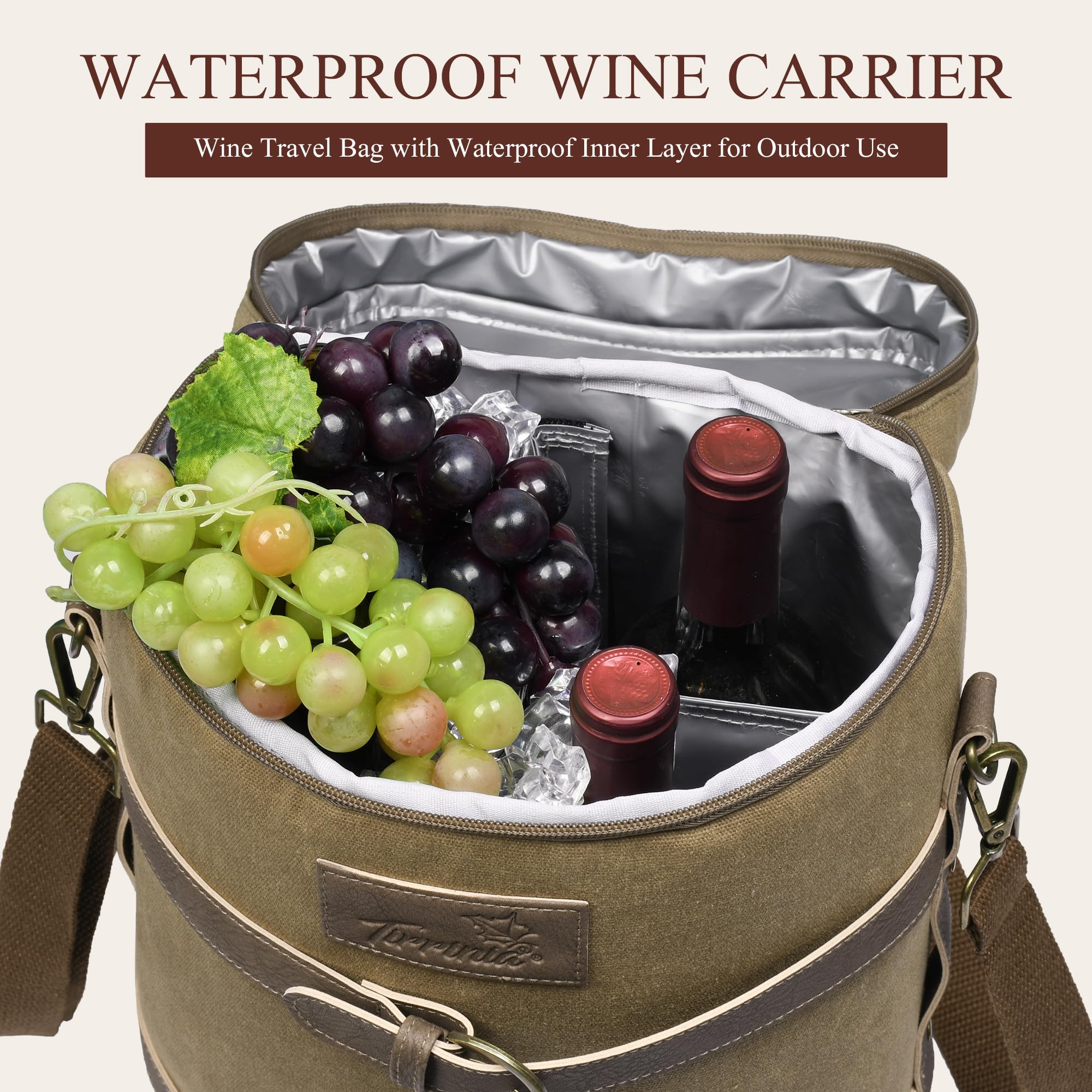 Tirrinia wine tote with padded interior protecting bottles on the go