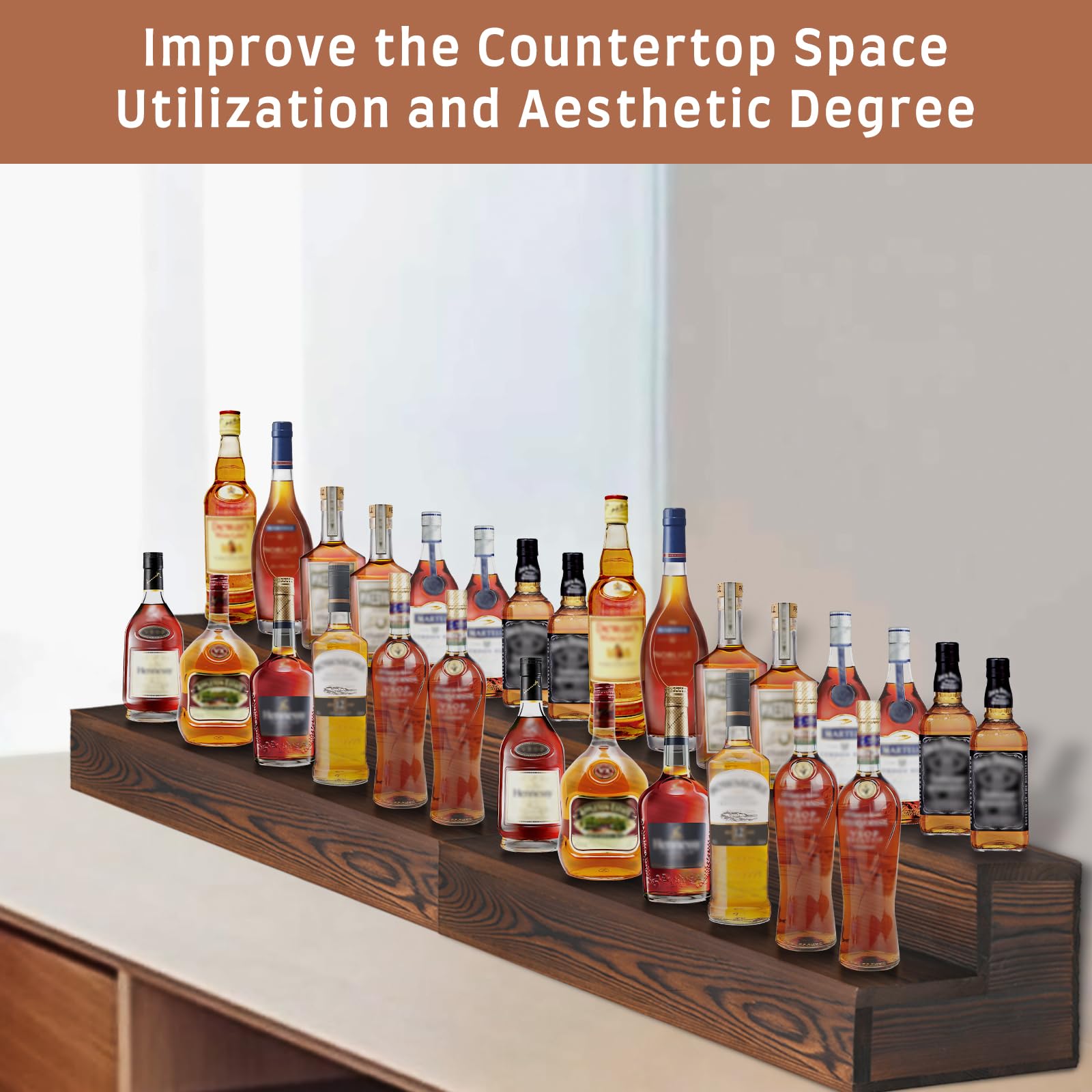 TIRYIUOU wooden bar shelves tabletop arranged in compact kitchen.