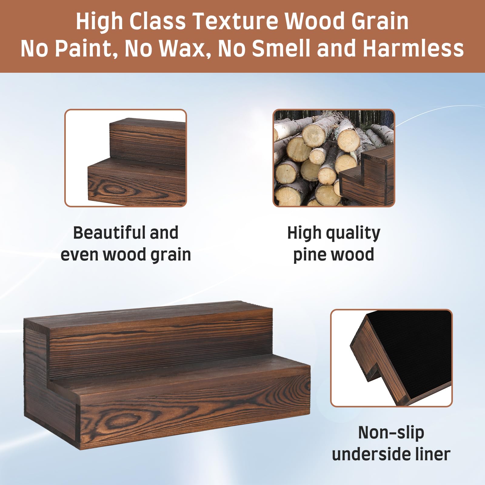 TIRYIUOU wooden bar bottle shelf closeup shows natural grain texture.