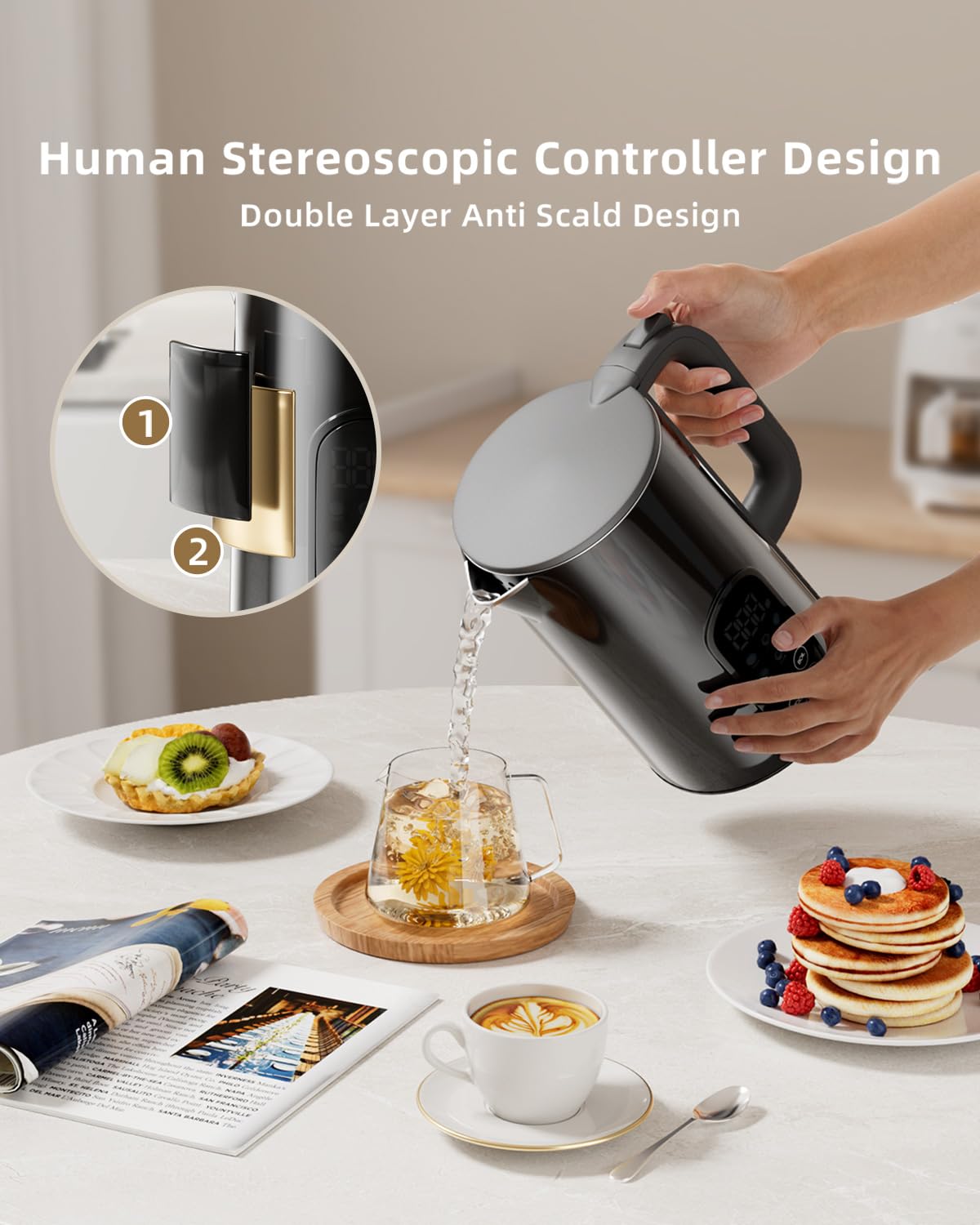 Tisanio PrecisionTemp Kettle 360° base enables cordless pouring.