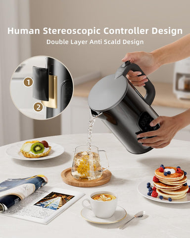 Tisanio PrecisionTemp Kettle 360° base enables cordless pouring.