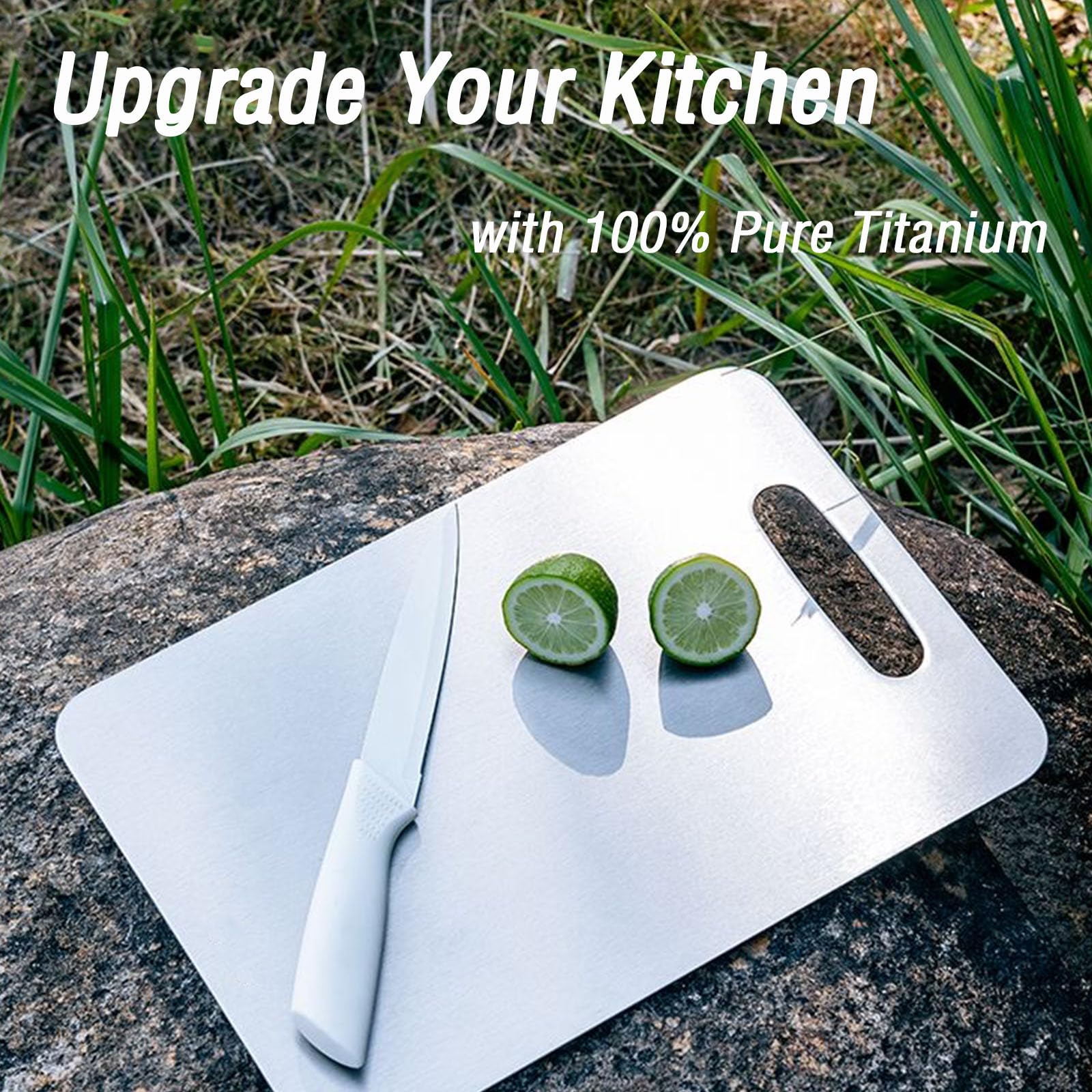 100% Pure Titanium cutting board set slim profile, hanging storage ready.