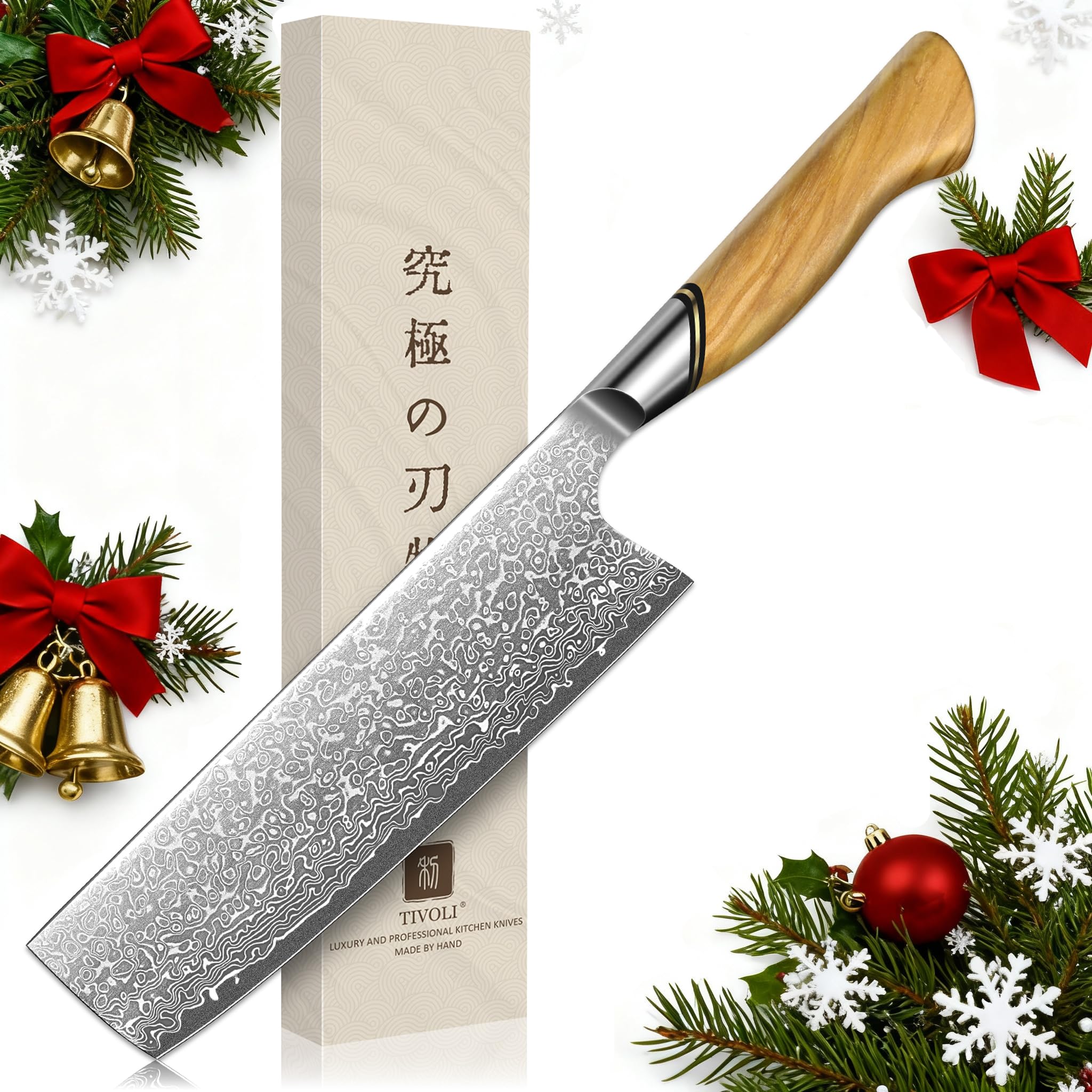 TIVOLI Damascus Nakiri blade closeup shows precision edge for clean vegetable cuts