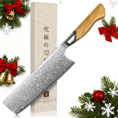 TIVOLI Damascus Nakiri blade closeup shows precision edge for clean vegetable cuts