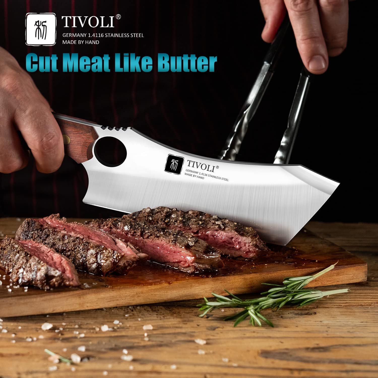 TIVOLI meat cleaver full tang and ergonomic handle for comfortable ambidextrous use
