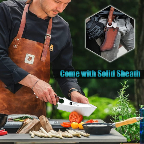 TIVOLI cleaver with leather sheath and bottle opener for outdoor and BBQ convenience