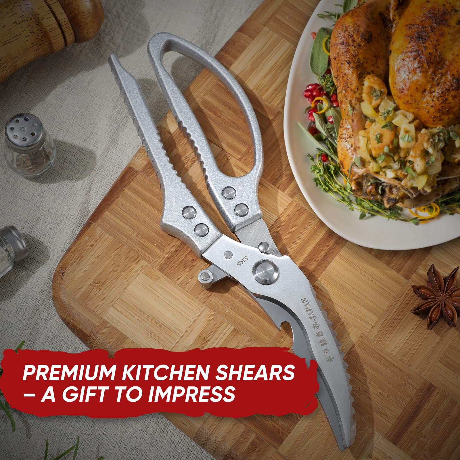 TIVOLI Poultry Shears multi-use tool handles bones, herbs, and vegetables.