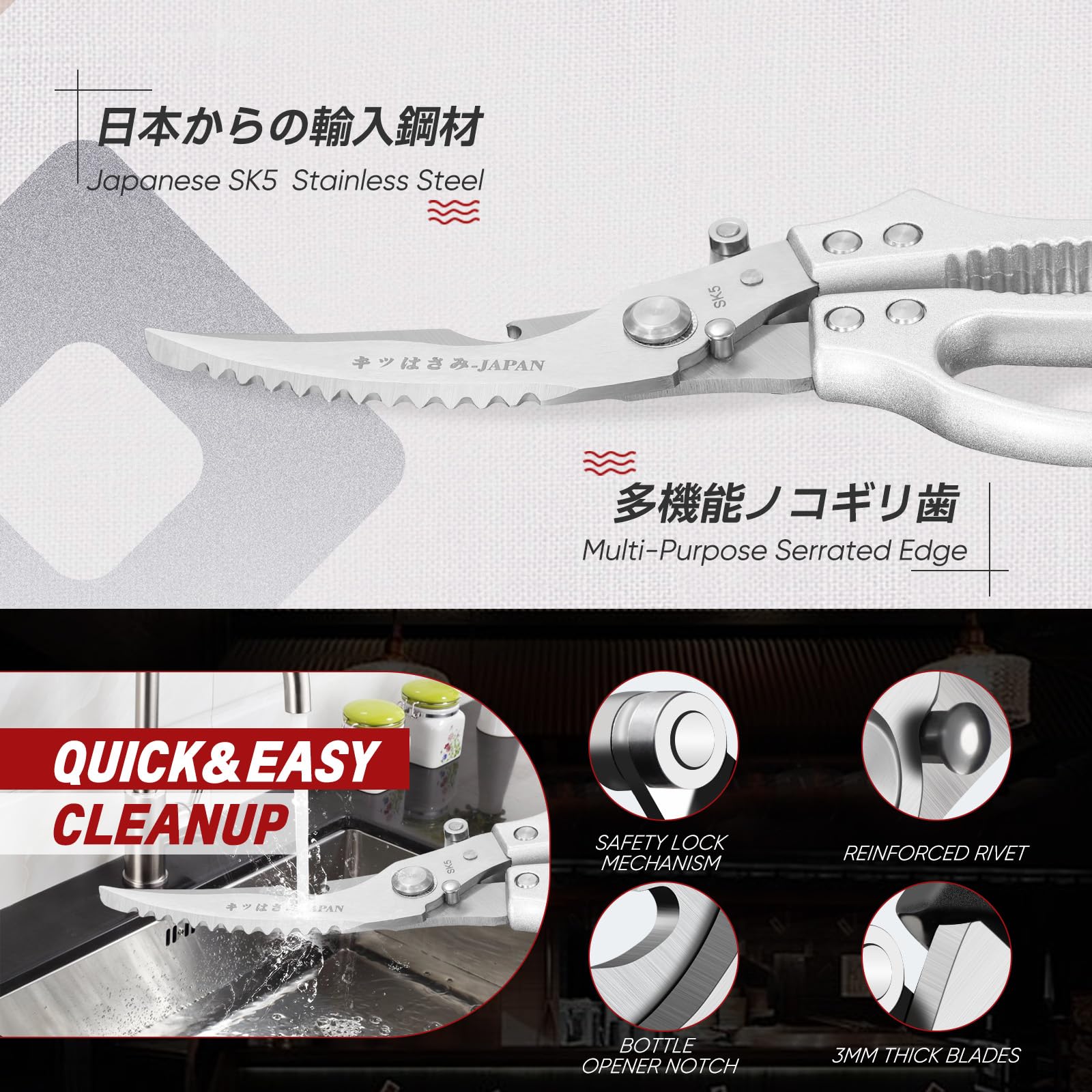 TIVOLI Poultry Shears non-slip handle for secure grip in wet kitchens.