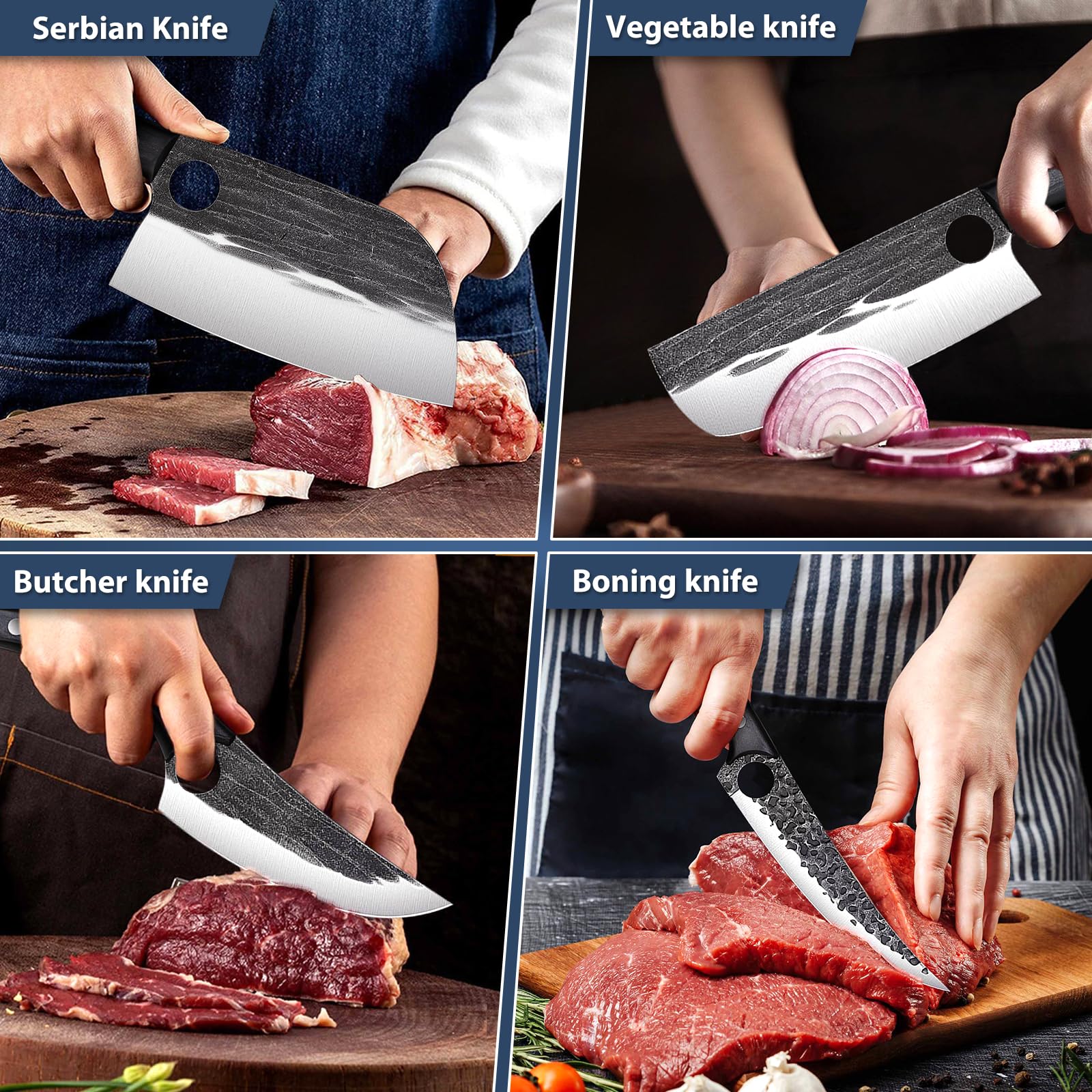 TIVOLI Serbian chef's knife with wood handle, ergonomic grip for comfortable slicing.