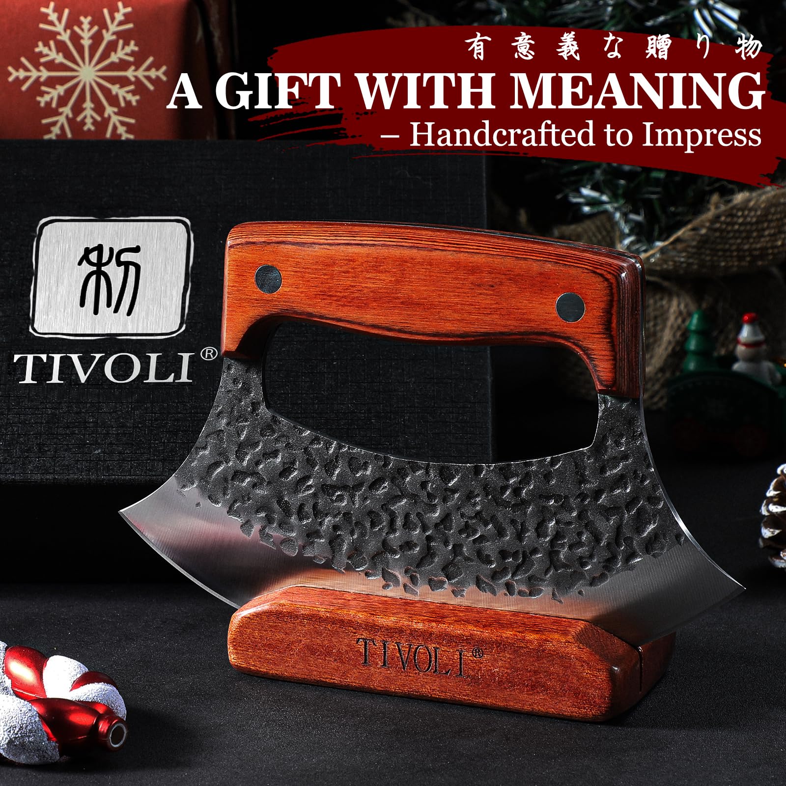 TIVOLI Ulu knife in action during slicing and mincing tasks.