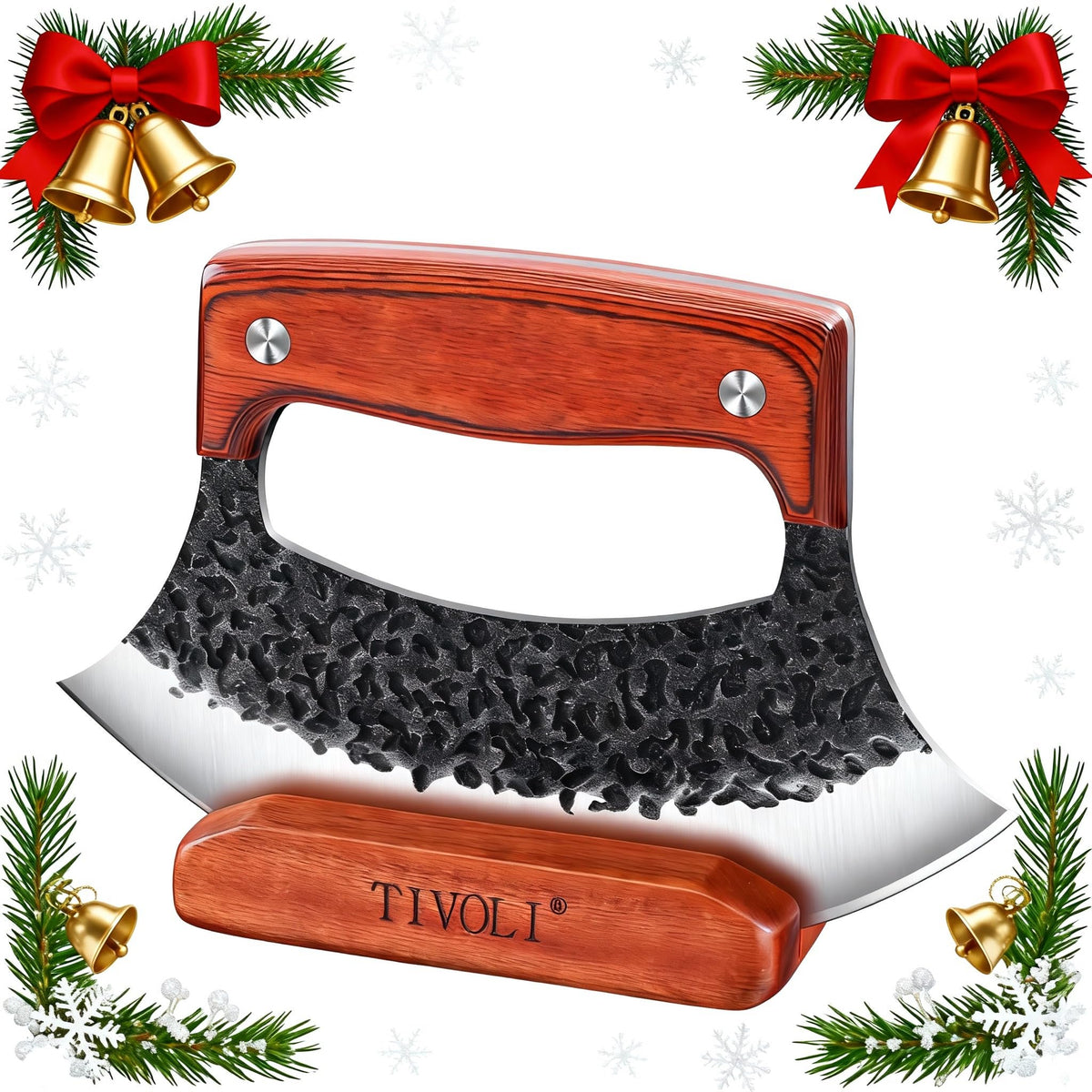 TIVOLI Ulu knife with wooden stand for elegant display and versatile prep.