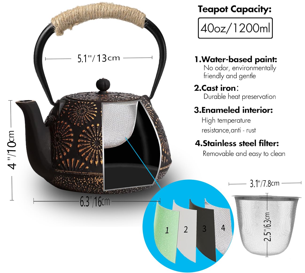 TiwisiTe teapot 40oz with stainless filter for brewing