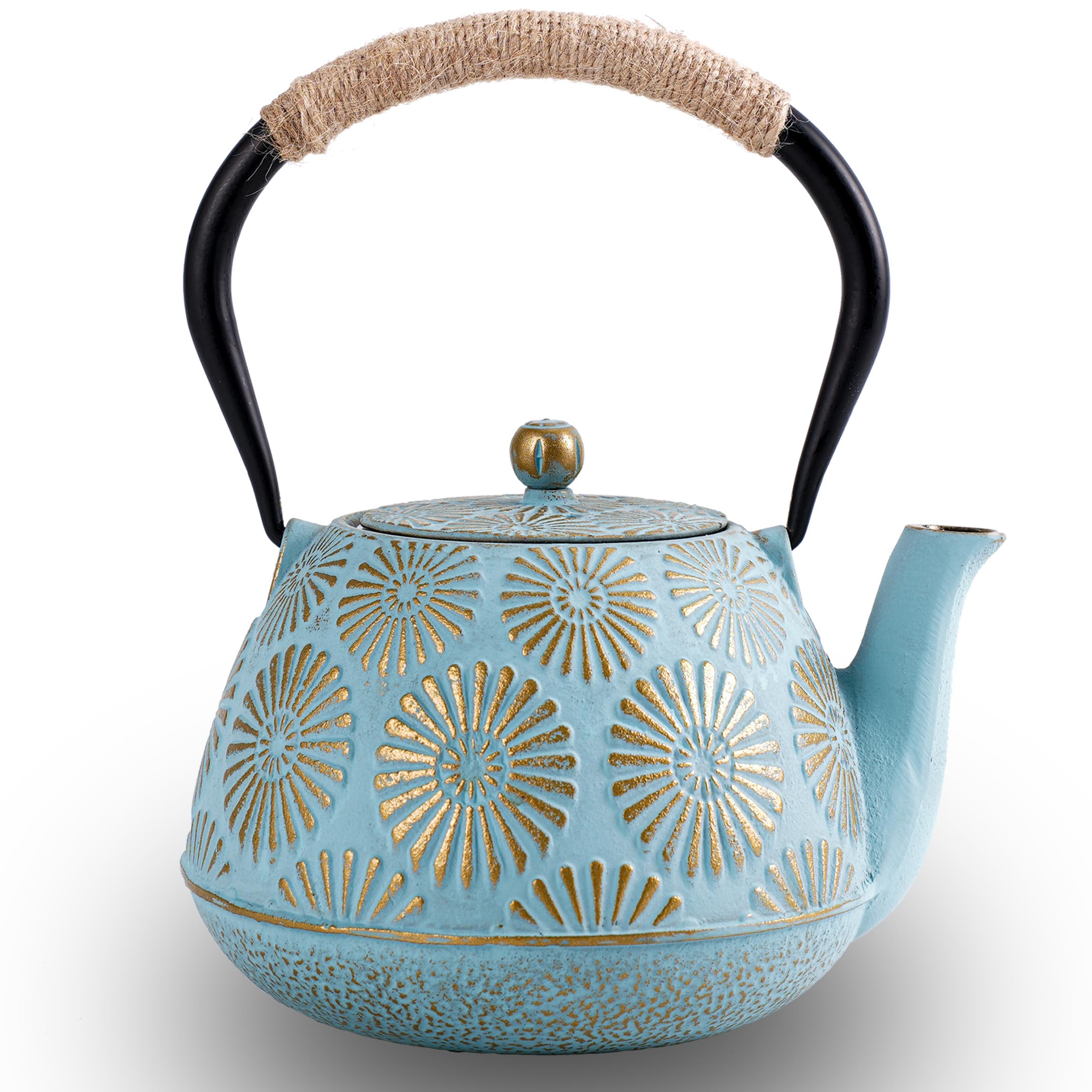 TiwisiTe Japanese Tetsubin teapot with blue and gold fireworks pattern, a ceremonial centerpiece for tea rituals