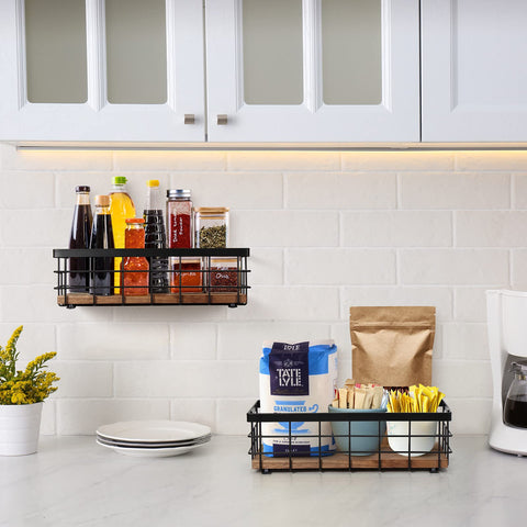 TJ.MOREE basket organizes towels napkins and small jars with rustic charm